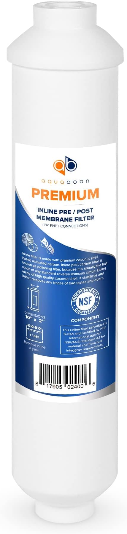 Aquaboon T33 Inline Carbon Filter - 1/4 Inline Water Filter for Refrigerator T33 Inline Ro Post/Granular Activated Carbon (GAC) Polishing Water Filter Cartridge for Reverse Osmosis System 2-Pack