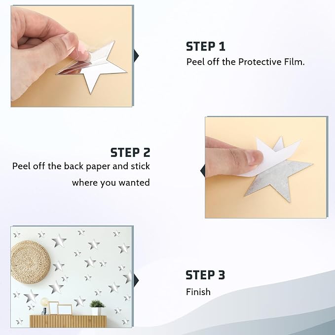 40 Pcs Silver Stars Mirror Wall Stickers, 3D Acrylic Mirror Wall Decorations for Living Room Removable Stars Stickers Art Decal for Bedroom Wedding Birthday DIY Wall Decor (Silver)