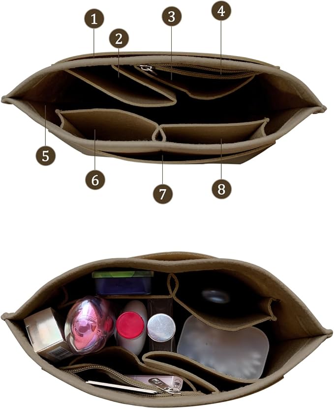 Chispee Felt Purse Organizer Insert Luxury Handbag Organizers for Longchamp Organizer Insert Divider Pocket & Zipper Inner Bag Liner fit Medium, Saddle Brown