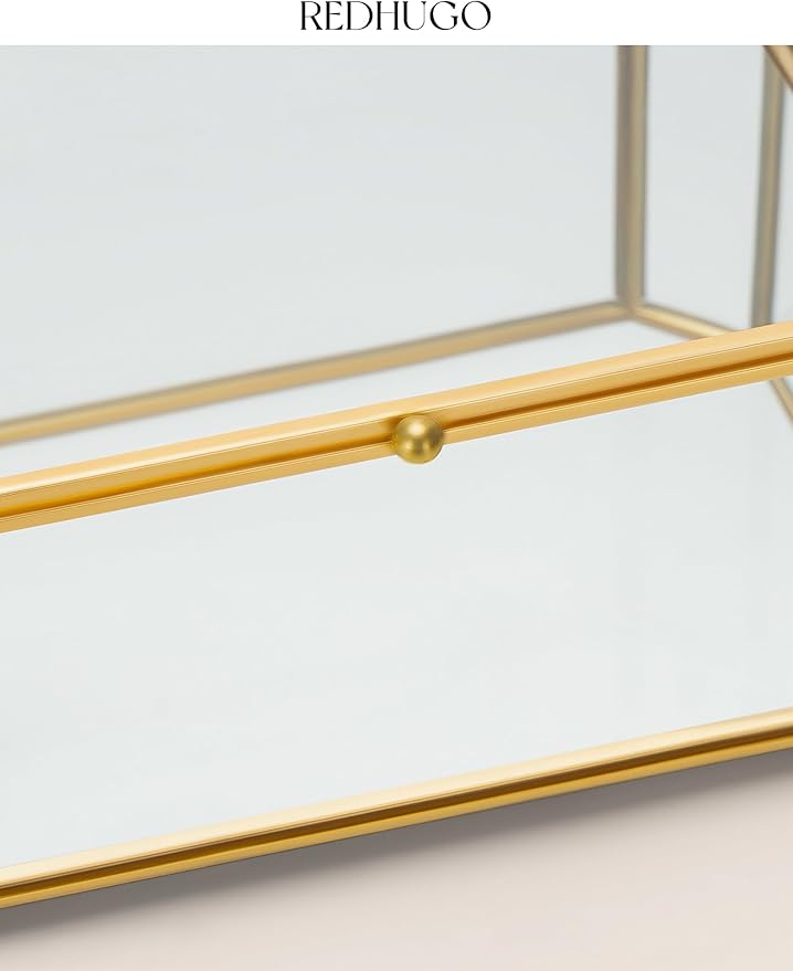 Large Glass Boxes for Display Handmade, Mirrored Bottom, Glass Jewelry Box with Lid, Trinket Box Book Photo Keepsake Organizer, Display Case for Vanity Decor Home Dresser, Octagon, Gold