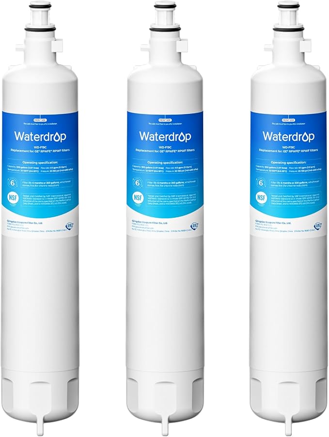 Waterdrop Replacement for GE® RPWFE®, RPWF (Built-in CHIP) Refrigerator Water Filter, Compatible with GFE28GYNFS, GFE28GELDS, PFE28KELDS, PFE28KYNFS, GFD28GELDS, PWE23KELDS, PWE23KMKES, 3 Filters