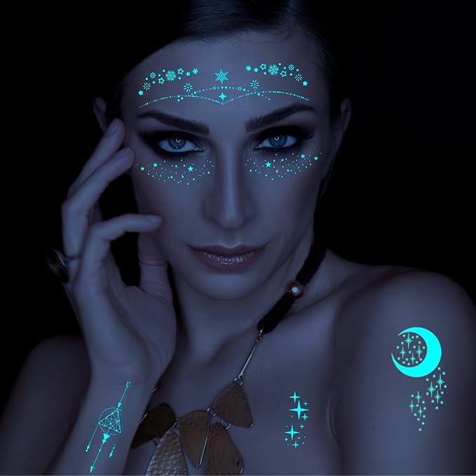Star Moon Blue Glow in the Dark Temporary Tattoo for Women, Luminous Flower Star Face Fake Tattoo Sticker Adult Girl Arm Hand, Sexy Crescent Nightglow Temp Tatoo Neck Clavicle Body Art Makeup, 9-Sheet