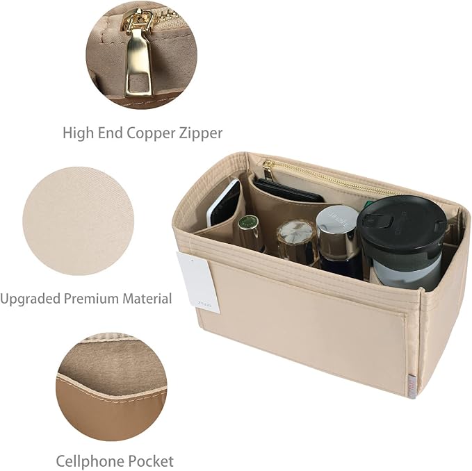 ZTUJO Purse Organizer Insert For Handbags, Silky Touching Bag Organizer Insert With Bottle Holder, Perfect for Speedy, Neverfull, Tote,ONTHEGO,Artsy,Handbag and More (Slender Large, Silky Beige)
