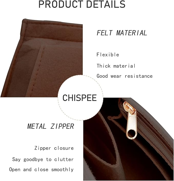Chispee Handbag Organizers for Longchamp Felt Purse Divider Organizer Insert Pocket & Zipper Inner Bag Liner fit Large, Brown
