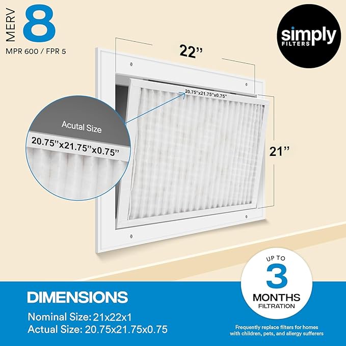 Simply 21x22x1 Air Filter, Merv 8, 6 Pack, For Home AC Furnace & HVAC (Actual Size: 20.75"x21.75"x0.75") DUST, Pet, & Allergy Control