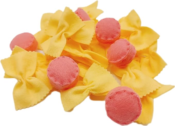 Felt play food Pasta farfalle with sausage for pretend play in kids kitchen, plush fake realistic bow tie (beige farfalle, Large set (24 farfalle, 6 sausages))