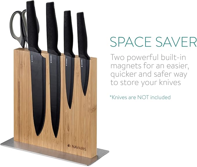 Navaris Magnetic Knife Block - Kitchen Storage with Strong Magnets for Knives & Utensils - Simple Modern Magnet Utensil Holder in Bamboo - 8.9" x 8.7"