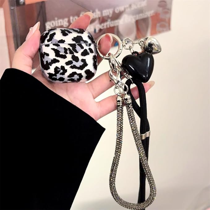 AirPods 4 Case with Neck Strap - Transparent Black Leopard Shockproof Silicone Cover for Women Travel, Compatible with AirPods 4/4(2024 NC) & Detachable Keychain