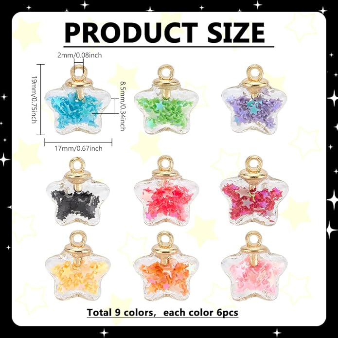 PH PandaHall 54pcs 9 Colors Glass Ball Charms Star Charms Luminous Star Pendants Glow in the Dark Pendants for Jewelry Making Bracelet Dangle Charm DIY Crafts 17X19mm