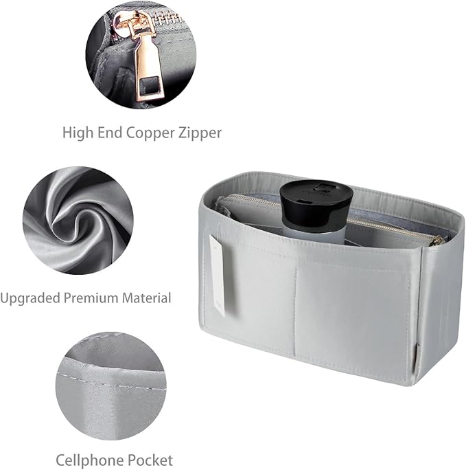 ZTUJO Purse Organizer Insert For Handbags, Purse Organizer With Zipper, Neverfull Organizer, Bag Organizer For Speedy Neverfull ONTHEGO Tote, Handbag and More (Silky Grey, X-Large)