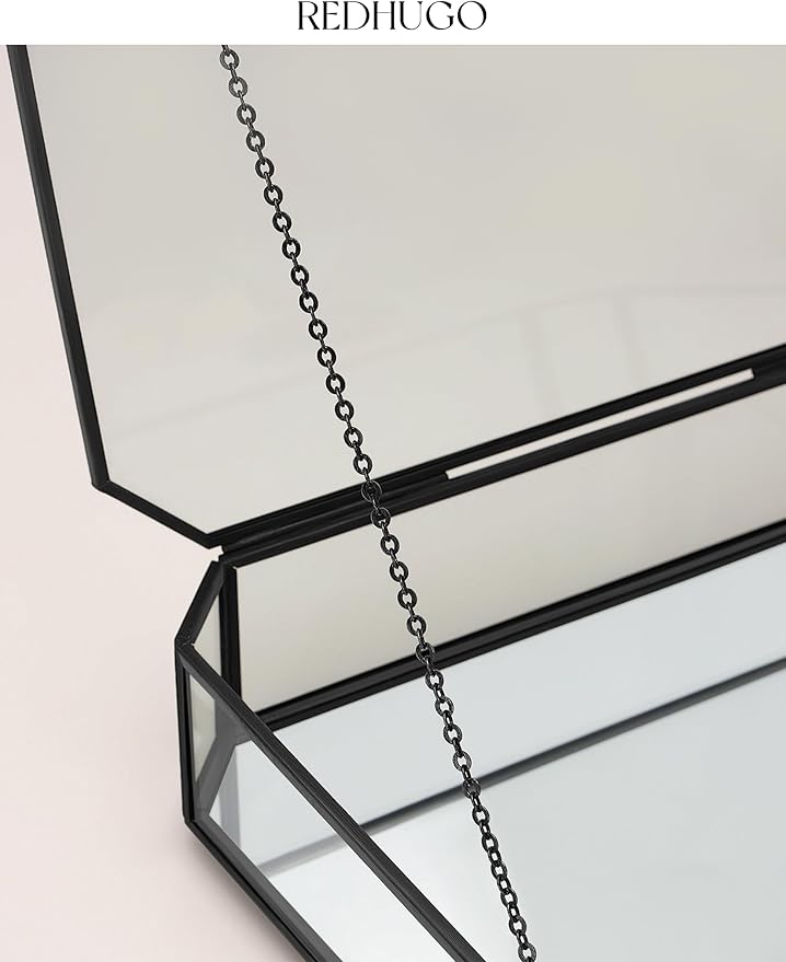 Large Glass Boxes for Display Handmade, Mirrored Bottom, Glass Jewelry Box with Lid, Trinket Box Book Photo Keepsake Organizer, Display Case for Vanity Decor Home Dresser, Octagon, Black