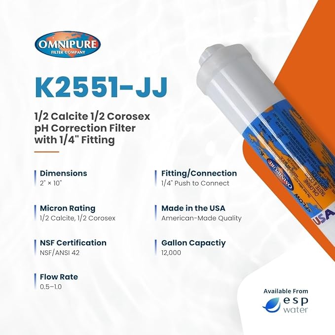 Omnipure K2551 Inline Water Filter 2 x10 Inches with Calcite and Corosex Raises Low pH for Acidic Water Fits 1/4" Quick Connect Tubing Increases Alkalinity for RO Systems K2551-JJ