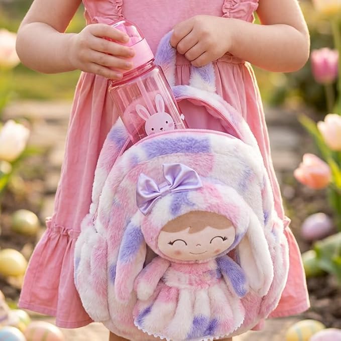Gloveleya Back to School Gifts for Girls Backpack Plush Diaper Bag Detachabale Doll Tie-dye Purple and Soft Rabbit Design Aged 2+