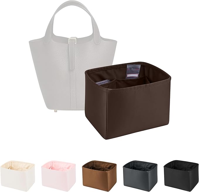 Purse Organizer Insert for Luxury Bag, Lightweight & Soft Satin Fabric with Pockets, Ideal for Travel, Shopping, and Daily Use, Multicolor Options, Fits Picotin 18(Chocolat, PC18)