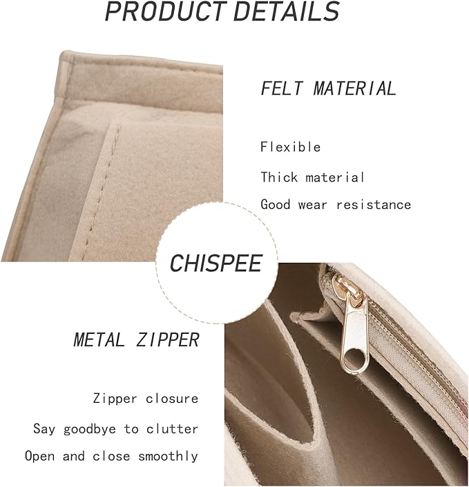 Chispee Felt Purse Organizer Insert Tote Bag Organizers for Longchamp Divider Pocket & Zipper Inner Bag Liner fit Medium, Beige