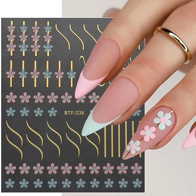 TBRZTR Colorful Flower Nail Art Adhesive Sticker 3D Self-Adhesive Nail Decals Art Design Holographic Golden Lines Nail Art Sticker Decoration Manicure Tips Acrylic Nails DIY Nails Art Supplies