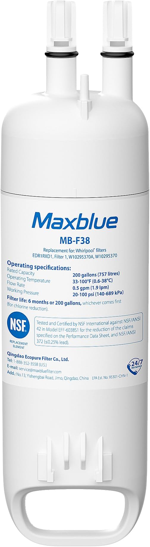 Maxblue MB-F38 Replacement for W10295370A, Everydrop® Filter 1, EDR1RXD1, EDR1RXD1B, P8RFWB2L, P4RFWB, Kenmore® 46-9081, 46-9930, Refrigerator Water Filter, 1 Filter