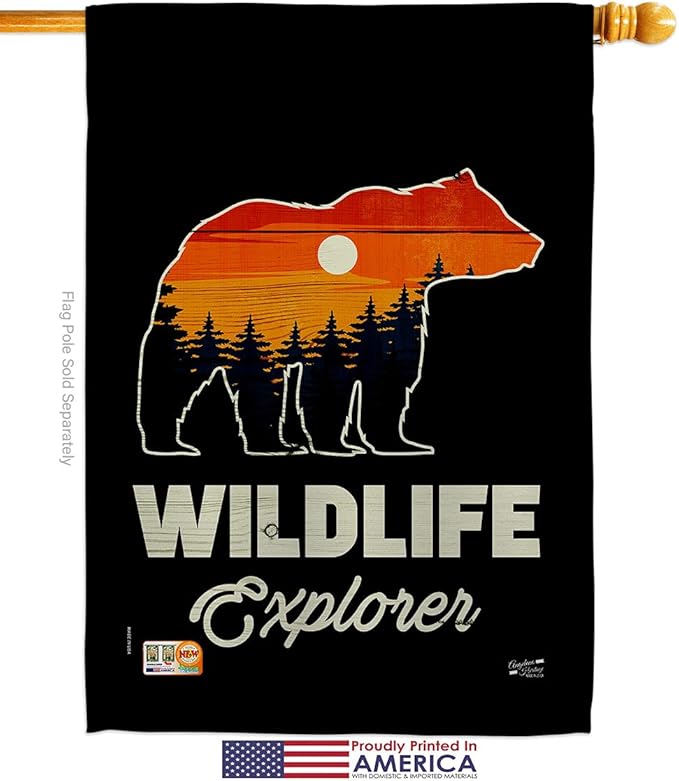 Wildlife Explorer House Flag Dowel Set Outdoor Adventure Rustic Camper RV Trailer Camp Site Campfire Small Decorative Gift Yard Banner Made In USA 28 X 40