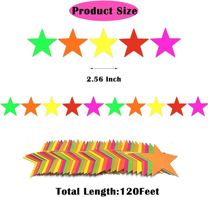 120feet Star UV Neon Garland Hanging Paper Glow in The Dark Glow Party Supplies and Decorations Blacklight Reactive Fluorescent Black Light Kit Neon Party Birthday Wedding