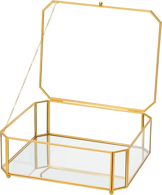 Large Glass Boxes for Display Handmade, Mirrored Bottom, Glass Jewelry Box with Lid, Trinket Box Book Photo Keepsake Organizer, Display Case for Vanity Decor Home Dresser, Octagon, Gold