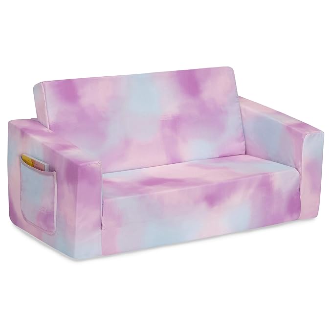 Delta Children Cozee 2-in-1 Sofa, 2-Seater Convertible Toddler Couch Sleeper, Wide 2-in-1 Flip Open Foam Chair for Playroom, Pet-Friendly, Bed Lounger, Comfy Play Sleeping Lounge Chair, Pink Tie Dye