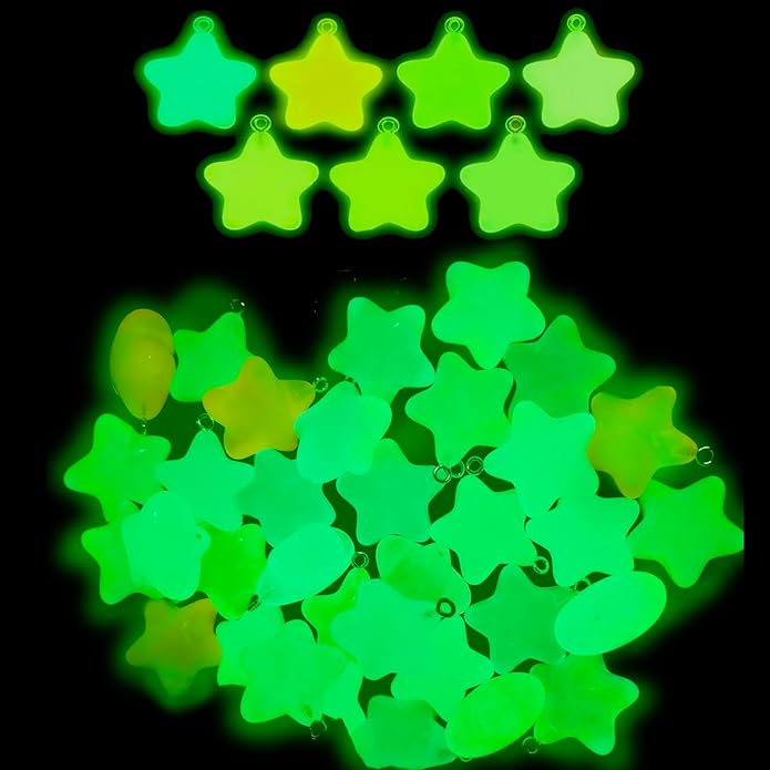 LUBINGSHINE 30pcs Glowing Solar Luminous Star Heart Moon Charms, Mixed Resin Glow in The Dark Star Pendant for DIY Jewelry Craft Making Party Decoration