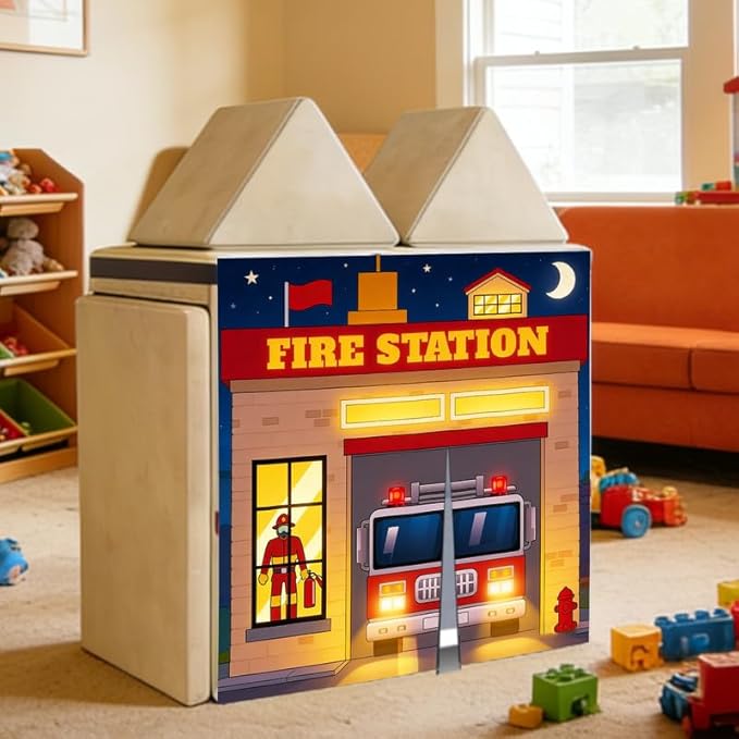 Play Couch Panels – Fire Station Theme Foam Modular Sofa Panels with Adjustable， Soft Couch Accessories for Creative Arrangements， 33.5×37in