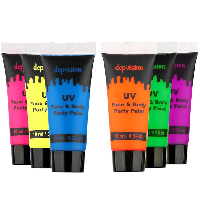 Depvision Glow in the Dark UV Face and Body Paint 6*10ml Neon Blacklight 0.34oz Reactive Fluorescent for Christmas Halloween Party Non-toxic