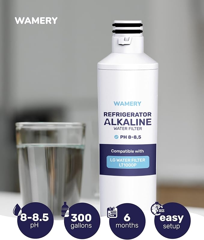 Wamery Alkaline Refrigerator Water Filter Replacement - Model LT1000P/PC/PCS (ADQ747935), 6-Month/200-Gallon Life, Twist-In Tool-Free Install, IAPMO to NSF/ANSI 42, Leak-Free Seal, 1 Pack