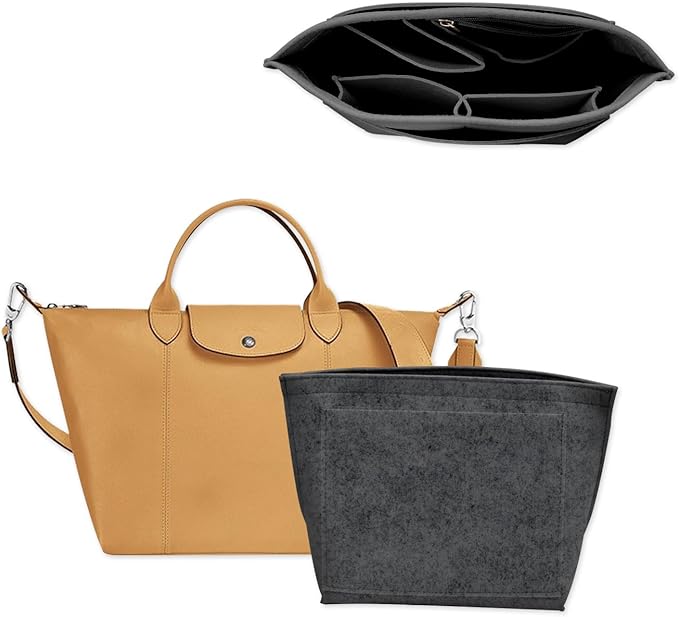 Chispee Felt Purse Organizer Insert Luxury Handbag Organizers for Longchamp Organizer Insert Divider Pocket & Zipper Inner Bag Liner fit Medium, Grey