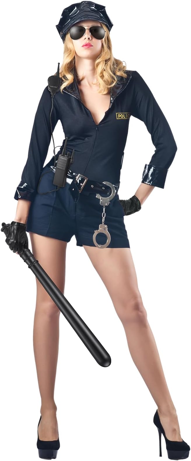 Mepase 7 Pcs Women Police Costume Accessories Women Police Officer Accessory Set Cop Costume with Baton Gloves Hat Belt and Walkie-talkie for Halloween