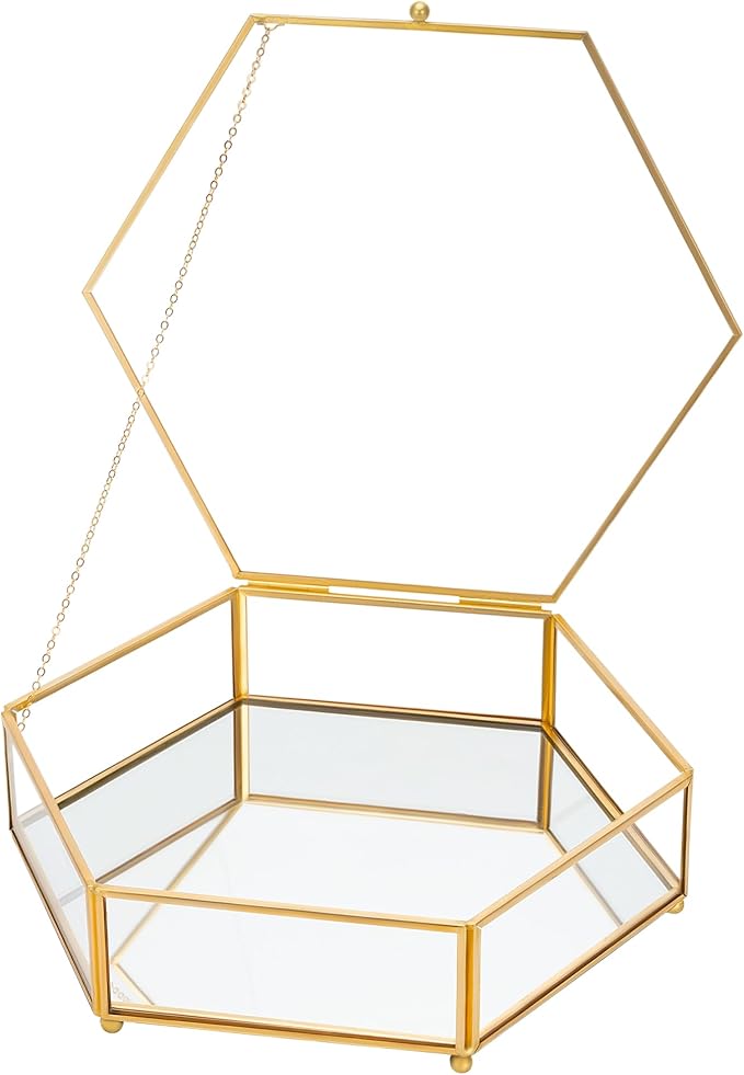 Hexagon Glass Box for Display Handmade, Mirrored Bottom, Brass & HD-Glass Geometric Jewelry Box with Lid for Trinkets, Photos, Books - Multipurpose Keepsake Organizer, Home Decor, Gold