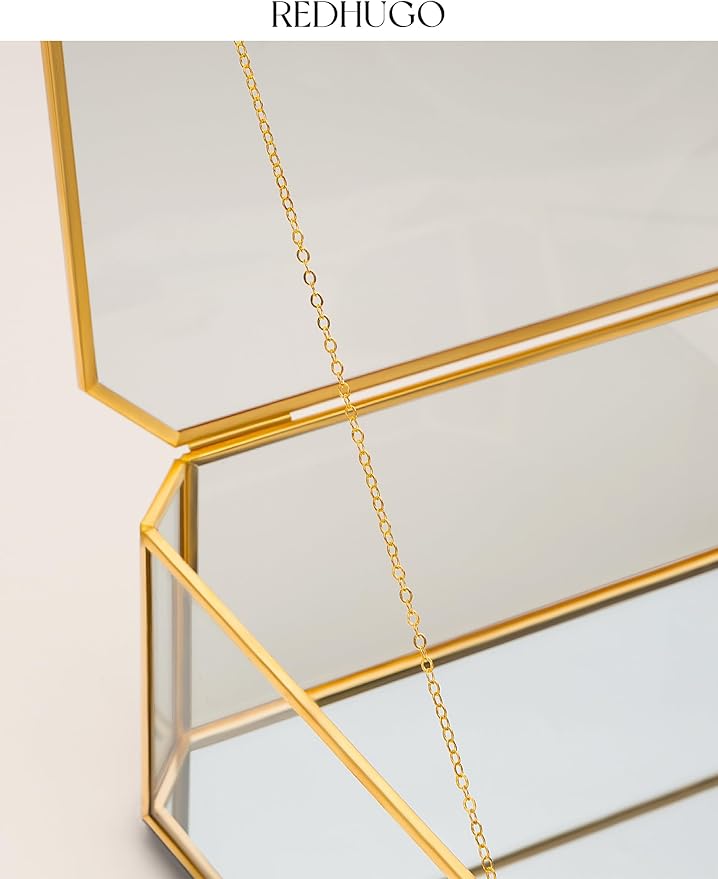 Large Glass Boxes for Display Handmade, Mirrored Bottom, Glass Jewelry Box with Lid, Trinket Box Book Photo Keepsake Organizer, Display Case for Vanity Decor Home Dresser, Octagon, Gold
