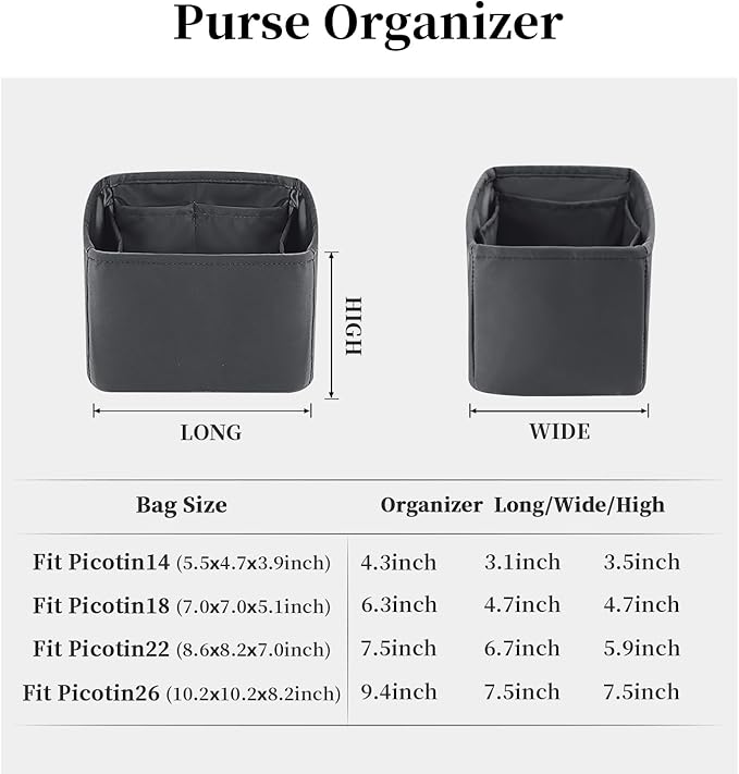 Purse Organizer Insert for Picotin 18/22, Satin Bag Organizer for Picotin Bags, Lightweight Purse Essentials for Women Luxury Handbags, Soft Touch Inner Liner with Multiple Pockets (Grismeyer, PC22)