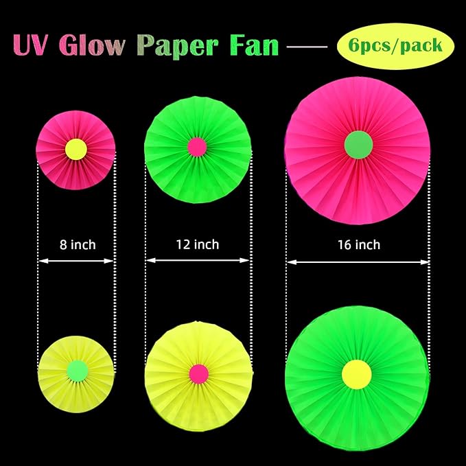 6Pcs UV Neon Hanging Paper Fans - Flowers Glow Paper Fans - Party Supplies and Decorations - Glow in The Dark Blacklight Reactive Fluorescent Black Light Kit - Neon Party for Birthday Wedding