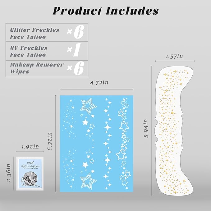 Noerrors Glow in Dark Glitter Freckles Star Gold Freckle Makeup Patches Set Nightglow Sparkle Face Glitter Shimmer Cute Faux Speckles Tattoo Sticker for Singer Music Festival Christmas Party