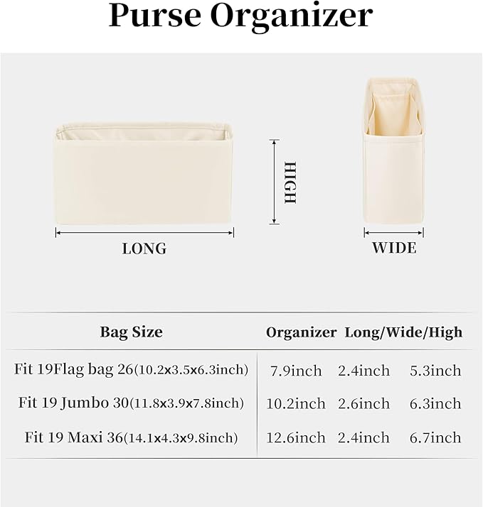 19 Bag Organizer Insert, Purse Organizer with Silky Satin Compatible with Chanel 19 Flap26 Bag, Lightweight Inner Bag for Luxury Bags (Craie, Flap26)