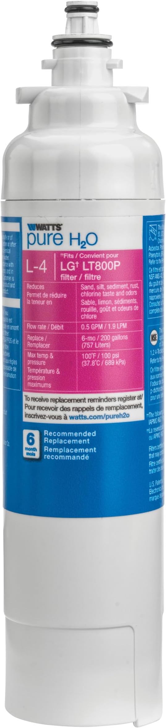 Watts L-4 LG Refrigerator Water Filter Replacement Cartridge, Compatible with ADQ36006101, 6-Month/300 Gallon Life, Reduces Lead, Chlorine, Taste & Odor, NSF Certified