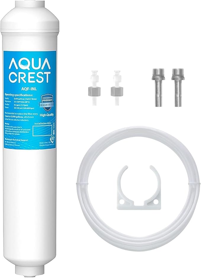 AQUA CREST INL 5 Years Inline Water Filter for Ice Maker with 1/4-Inch Direct Connect Fittings, Idea for Ice Maker, Refrigerator, RV, Inline Refrigerator Water Filter Reduces Chlorine, Taste& Odor