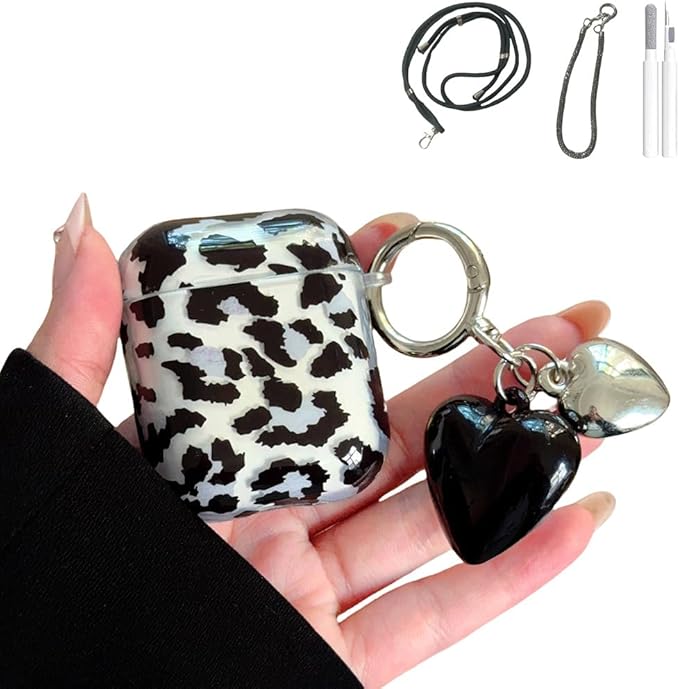 Silicone Case for AirPods 1st/2nd Generation,Women's Translucent Black Leopard Shockproof Cover with Adjustable Neck Strap & Keychain, Travel-Friendly Protective Case with Non-Slip Grip