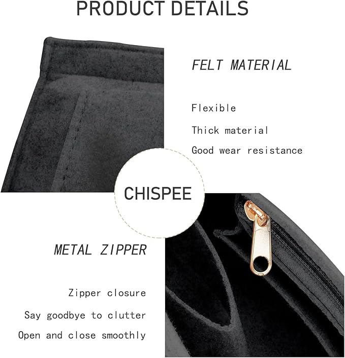 Chispee Handbag Organizers for Longchamp Felt Purse Divider Organizer Insert Pocket & Zipper Inner Bag Liner fit Large, Dark Grey