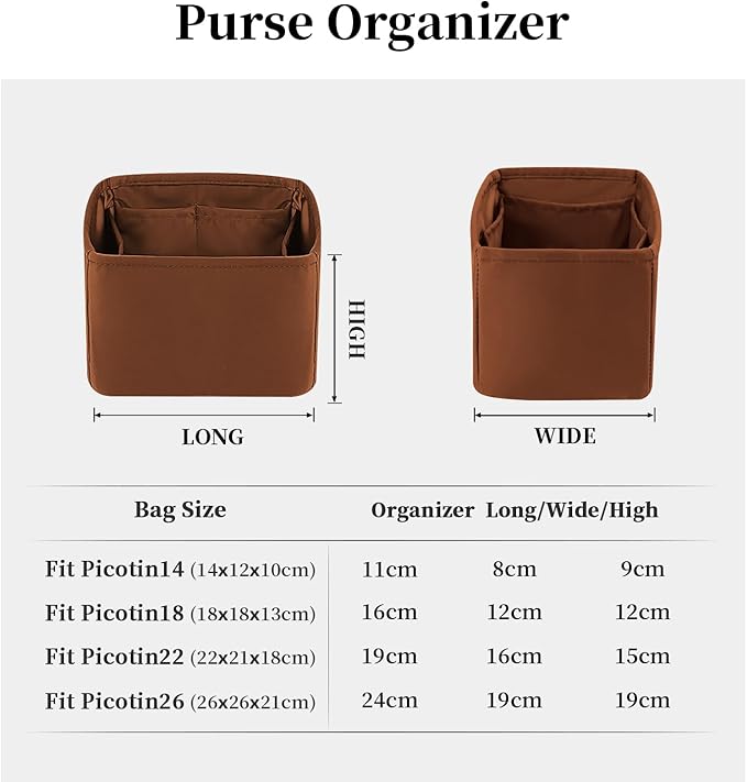Purse Organizer Insert for Picotin 18/22, Satin Bag Organizer for Picotin Bags, Lightweight Purse Essentials for Women Luxury Handbags, Soft Touch Inner Liner with Multiple Pockets (Gold, PC22)