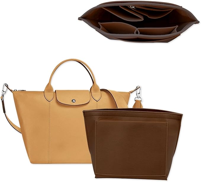 Chispee Felt Purse Organizer Insert Luxury Handbag Organizers for Longchamp Organizer Insert Divider Pocket & Zipper Inner Bag Liner fit Medium, Light Tan