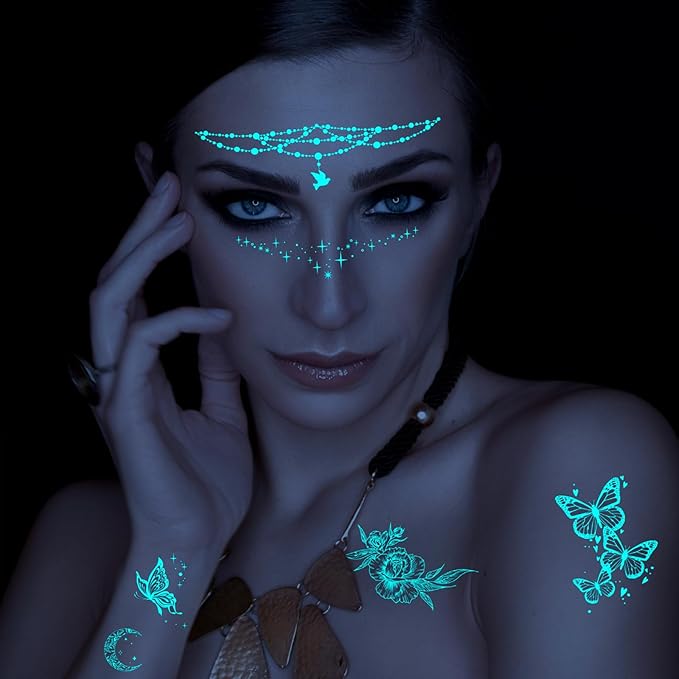 Realistic Butterfly Blue Glow in the Dark Tattoo Temporary for Adult Women, Luminous Flower Butterfly Leaf Face Fake Tattoo Sticker Girl Arm Hand, Sexy Floral Moth Temp Tatoo Body Art Makeup, 9-Sheet