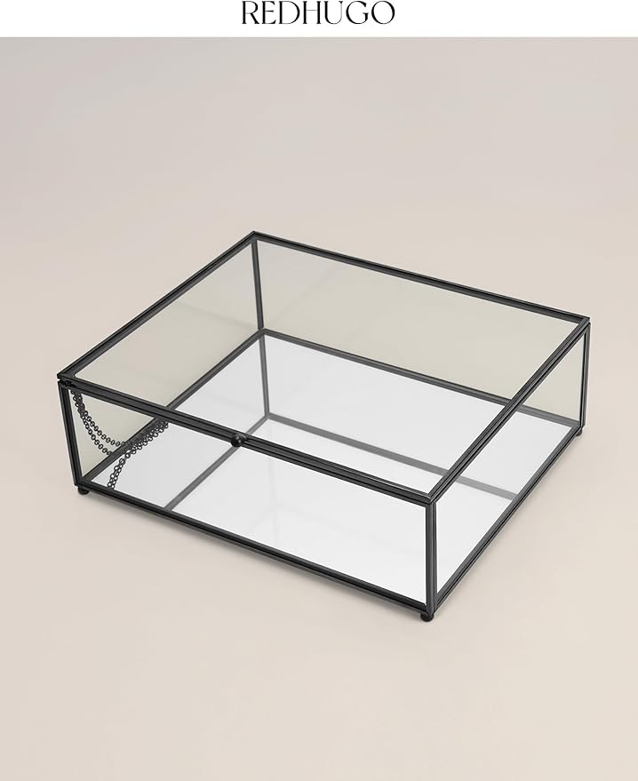 Large Glass Boxes for Display Handmade, Mirrored Bottom, Glass Jewelry Trinket Box with Lid, for Book Photo Keepsake Organizer Display Case for Vanity Decor Home, 10.4"L x 8.5"W x 3.7"H, Black