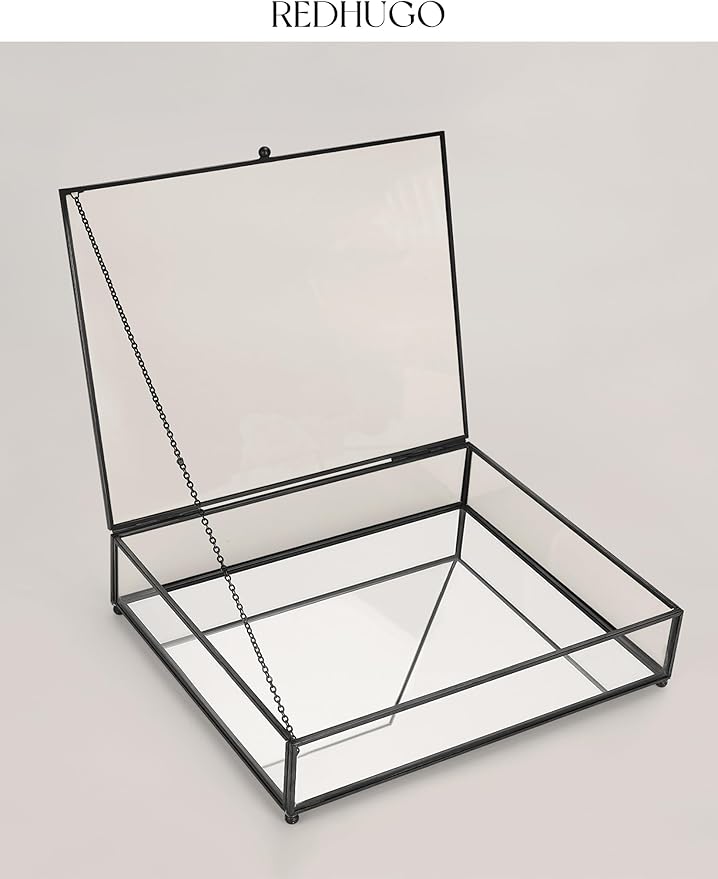 Large Glass Boxes for Display Handmade, Mirrored Bottom, Glass Jewelry Trinket Box with Lid, for Book, Photo, Keepsake Organizer, Display Case for Vanity Decor Home Dresser, Black