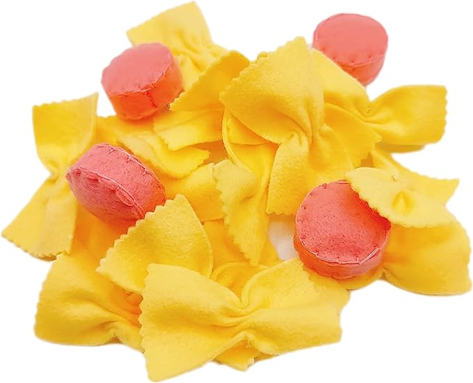 Felt play food Pasta farfalle with sausage for pretend play in kids kitchen, plush fake realistic bow tie (beige farfalle, Small set (16 farfalle, 4 sausages))