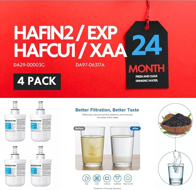 HAFCU1/XAA - HAFIN2/EXP Water Filter Replacement – Compatible with DA29-00003B DA29-00003F DA29-00003G – Carbon Block Filtration – Fresh Water & Ice – 24 Month Life 4 PACK