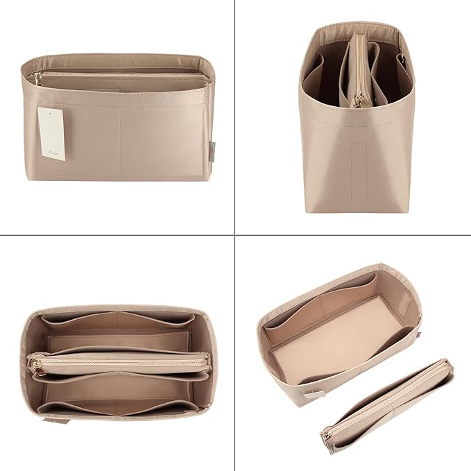 Purse Organizer Insert For Handbags, Purse Organizer With Zipper, Neverfull Organizer, Bag Organizer For Speedy Neverfull ONTHEGO Tote, Handbag and More (Silky Beige, Slender Large)
