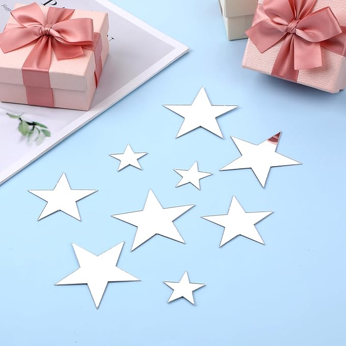 40 Pcs Silver Stars Mirror Wall Stickers, 3D Acrylic Mirror Wall Decorations for Living Room Removable Stars Stickers Art Decal for Bedroom Wedding Birthday DIY Wall Decor (Silver)